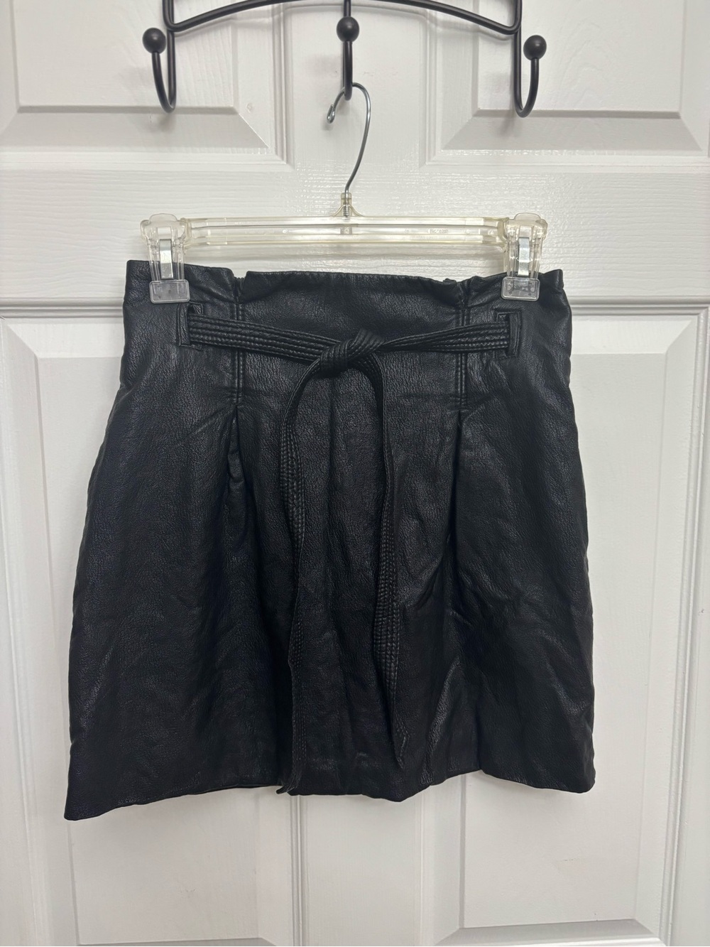 Free People Black Faux Leather Rocker Chick Garbage Bag Tie-Waist Mini Skirt